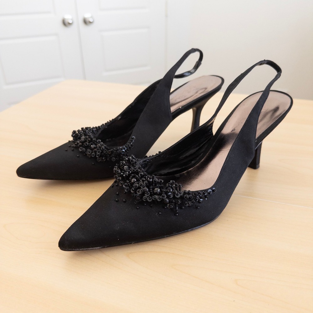 Touch of Nina Black Satin Beaded Slingback Pumps 11 Pointed Toe Y2K Kitten Heels